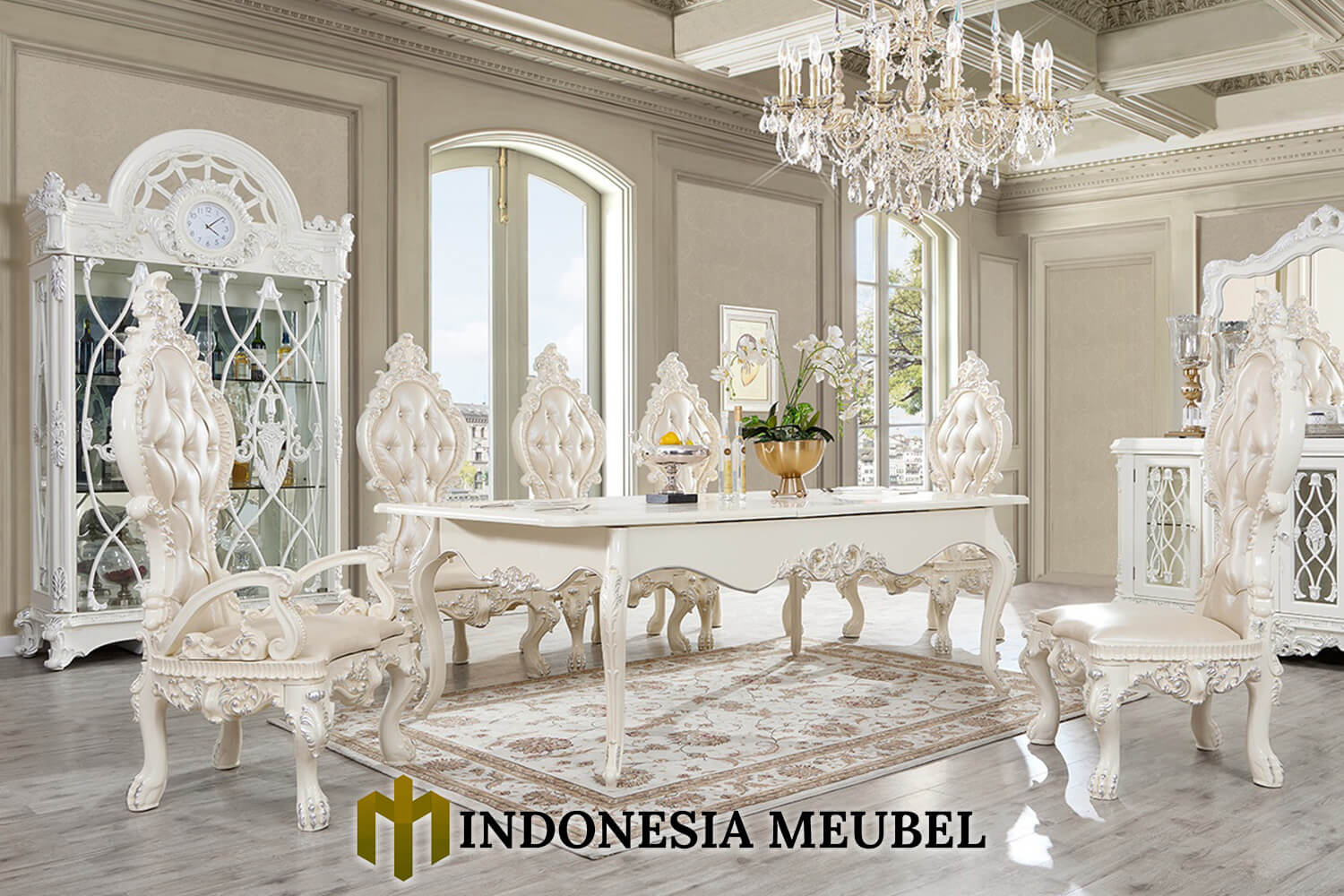 Meja Makan Mewah Klasik Putih Duco Luxury Style IM-0341