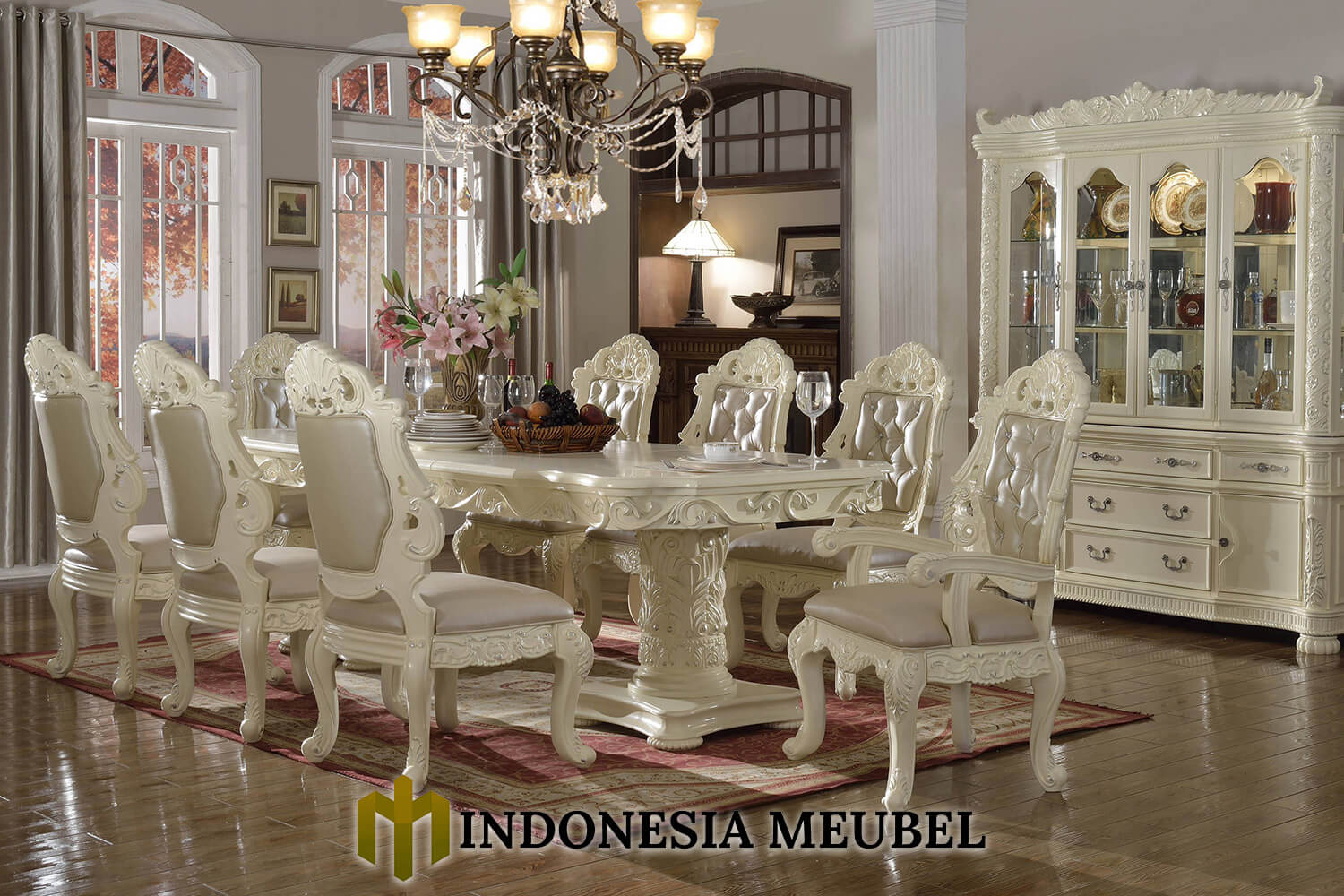 Meja Mekan Mewah Putih Duco Luxury Carving Jepara IM-0265