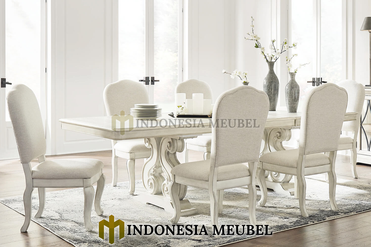 Meja Makan Mewah White Wash Rustic Color New Furniture Indonesia IM-663
