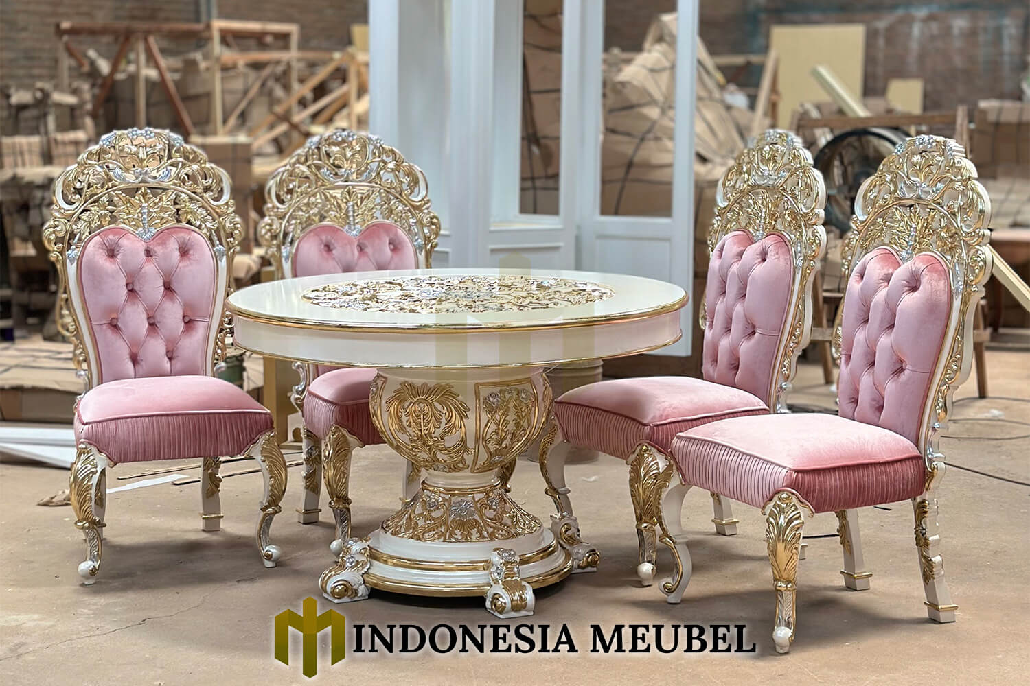 Meja Makan Mewah Bundar Cantik Kain Pink Bludru Real Picture IM-869