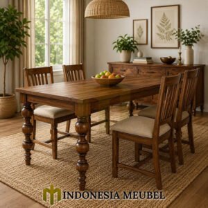 Meja Makan Minimalis Jati Klasik Natural Walnut Glossy Color IM-1243
